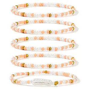 Shinus Boho 5PCS Coiris Pearl White Gold Beads Elastic Cute Bracelet for Women, DaintyRound Beaded Bracelet Friendship Good Luck Charm Jewelry Gifts, gift for her