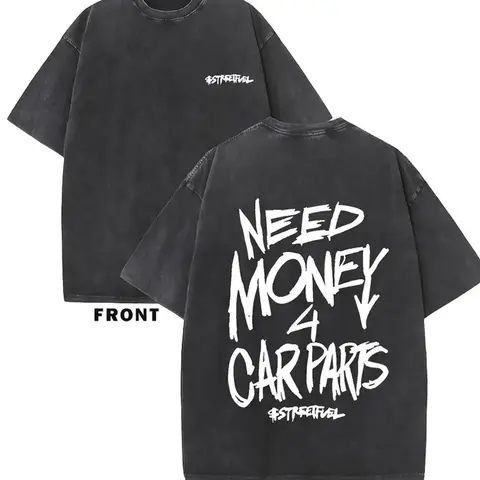 Men's 230GSM Heavy Cotton Fitted Crew Neck Vintage Graphic Tee - 1pc Drop Shoulder Distressed Streetwear Top with "NEED MONEY for CARS" Car-Fan Message, Black, Sports, Easy Worn-In Look, Machine Washable, All-Season, Cargo Layer Option, Size S, Vintage Gr