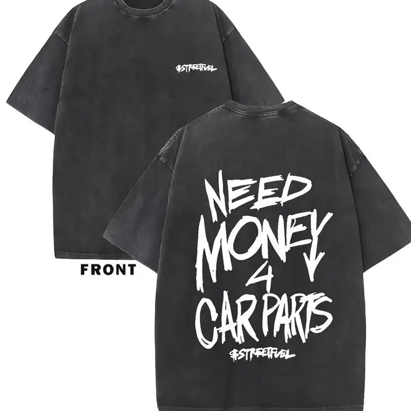 Men's 230GSM Heavy Cotton Fitted Crew Neck Vintage Graphic Tee - 1pc Drop Shoulder Distressed Streetwear Top with "NEED MONEY for CARS" Car-Fan Message, Black, Sports, Easy Worn-In Look, Machine Washable, All-Season, Cargo Layer Option, Size S, Vintage Gr