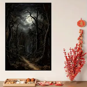 Spooky Forest Canvas Print - Gothic Moonlit Pathway Wall Art with Dark Trees & Bare Branches - Halloween Decorations, Haunting Landscape Painting for Living Room, Bedroom