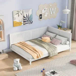 Full Size Daybed Frame, Wood Sofa Bed with Backrest and Armrests, Full Platform Bed Frame with Slats Support for Living Room Bedroom,No Box Spring Needed (White, Full)