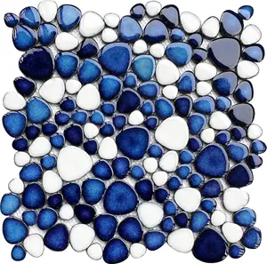 Pebble Ceramic Tiles 5 Sheets, Heart-Shaped 12x12 Floor Tile Ceramic, Dark Blue Mosaic Tiles Mesh Mounted,  Porcelain Tile Decorative for Kitchen Bath Backsplash Shower Floor Pool