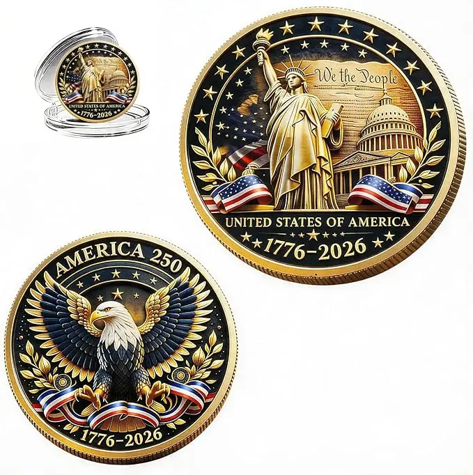 America 250 Commemorative Coin, Patriotic 1776–2026 Freedom Challenge Coin, Gift for Coin Collectors, Veterans, History Lovers