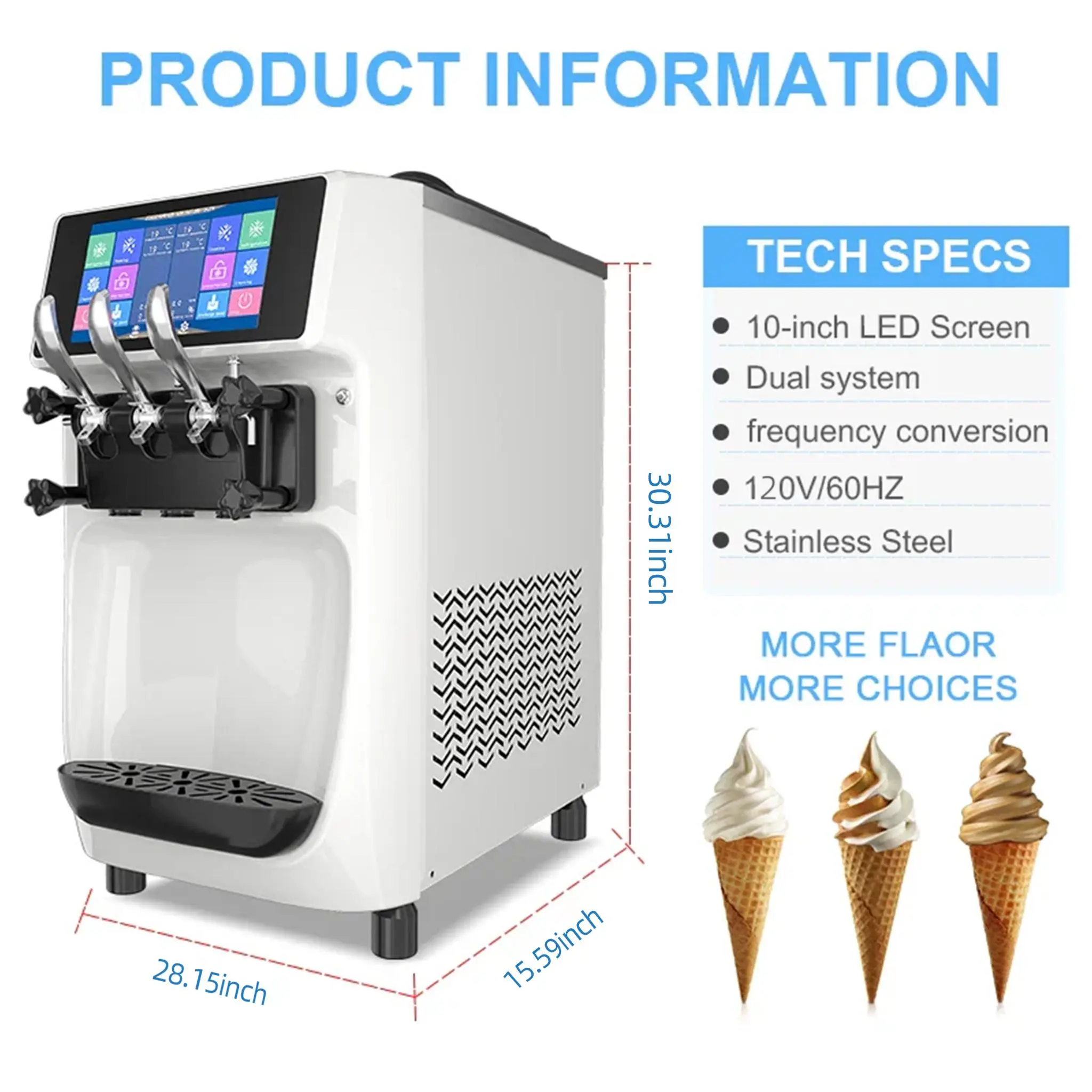 GSEICE Soft Serve Ice Cream Machine, 4-4.5 Gal/H, 6L Hopper, Pre-Cooling | Ice Cream Maker 7 Inch Screen Soft Serve Machine with Pre-Cooling & Fresh-Keeping,, Enclosed Body for Home Party Café Store