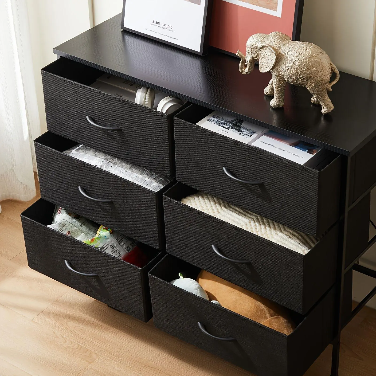 Idle Way Dresser Modern Metal Frame Fabric Closet Organizer with 7 Drawers Wooden Tabletop Chest Storage Tower for Bedroom Nursery Living Room Entryway Minimal Aesthetic Design