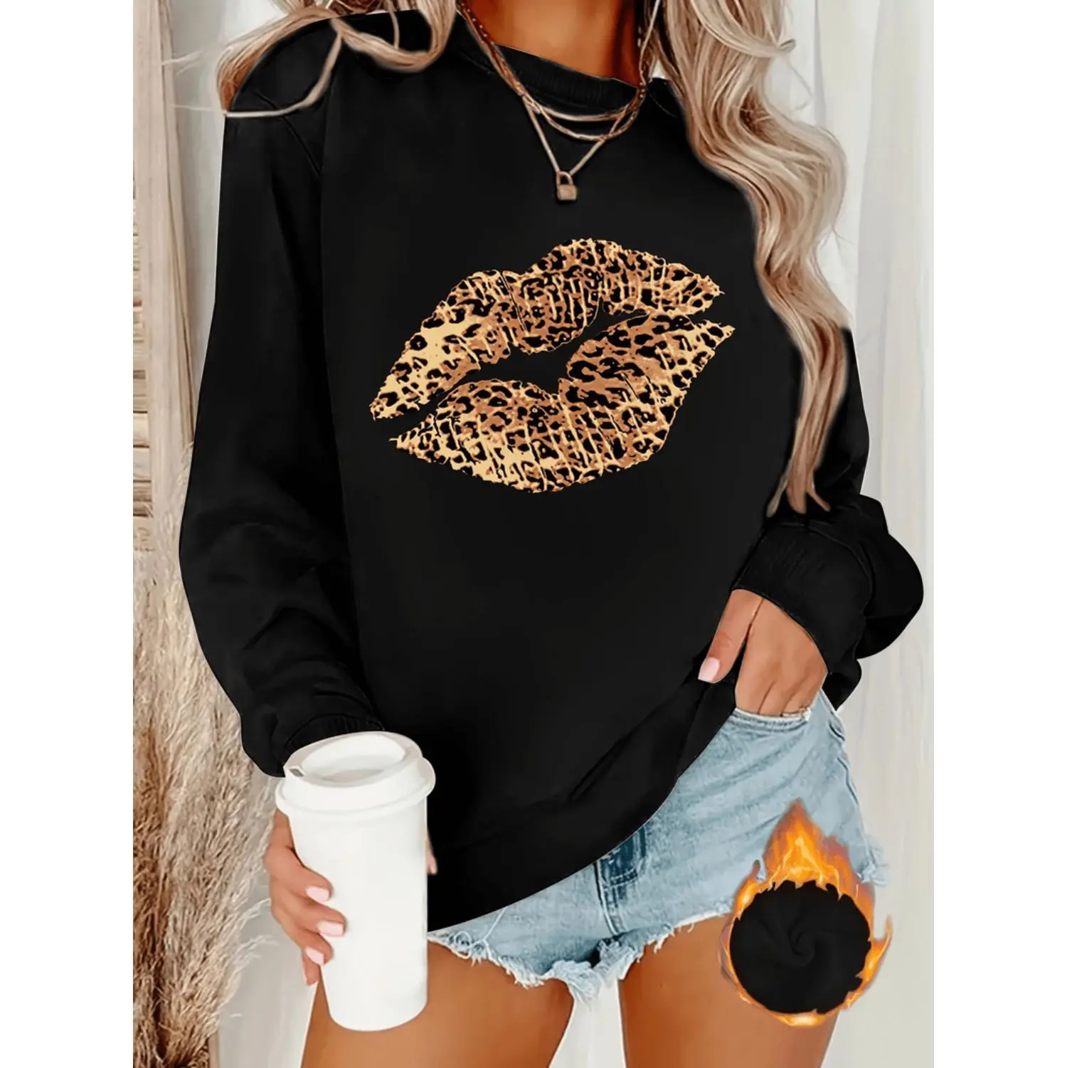 Women's Leopard Lip Graphic Pullover Sweatshirt, Casual Crewneck Top with Long Sleeves in a Soft Cotton Blend for Workouts, Longsleeves
