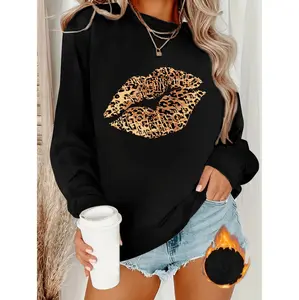 Leopard Print Lip Design Crewneck Sweatshirt For Women Cozy Winter And Fall Fashion Essential