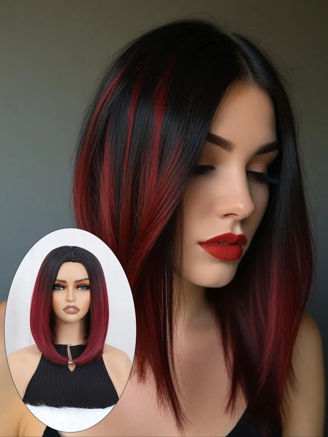 Lehanhair 12 inch Natural Short Straight Black Blue Bob Wig, Short Bob Cut, Heat Resistant Synthetic Hair for women Middle part, holiday Daily Party, Halloween and Christmas Cosplay, Sleek Bob Wig