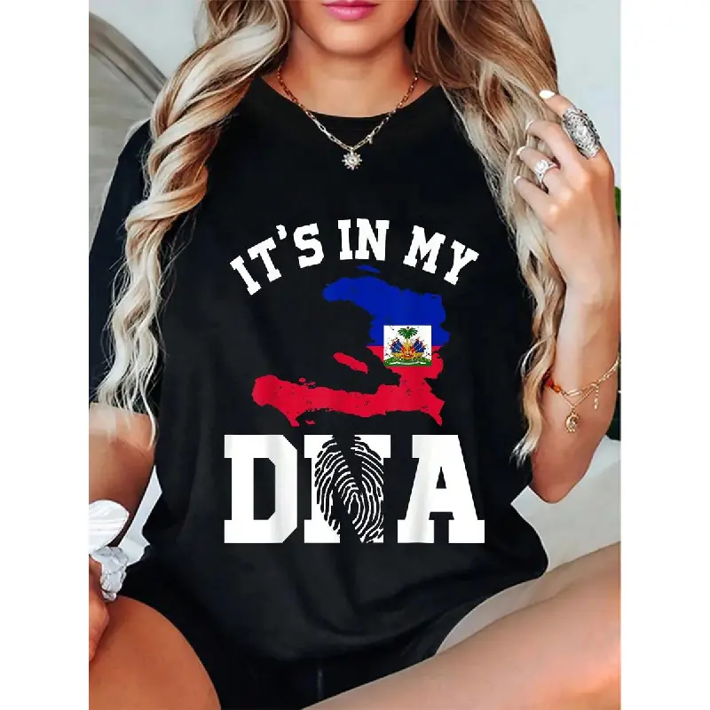 Women's Haitian Pride Graphic T-Shirt - Casual Flag Emblem Tee with "Haiti In My DNA" Print, Fitted Short Sleeve Round Neck 100% Cotton Jersey, Flag Emblem Women's T-Shirts, Tshirt