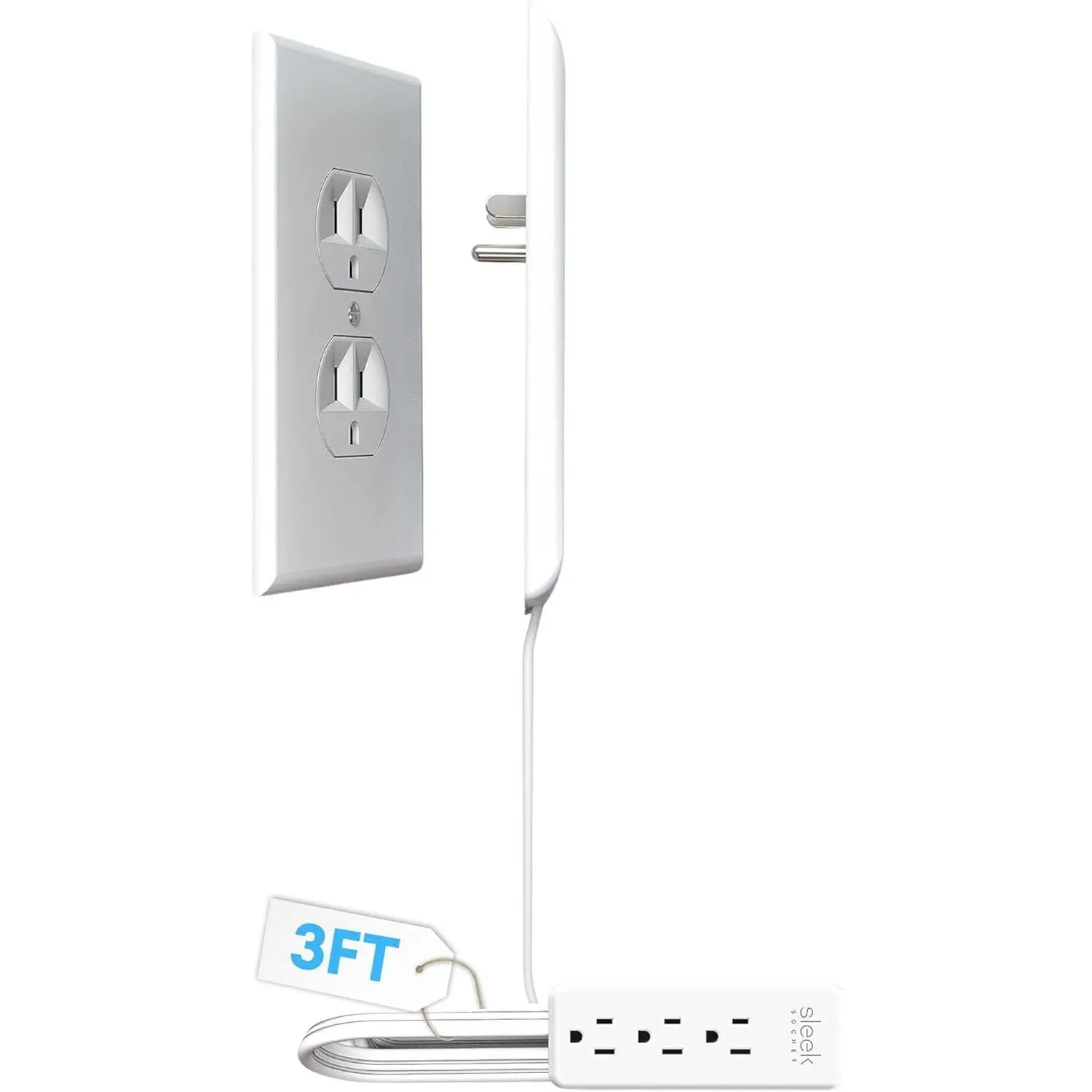 Sleek Socket Original & Patented Flat Ultra-Thin Outlet Concealer with Extension Cord Kit, Multi Outlets Power Strip, Ideal for Home Improvement, Hide Bulky and Messy Cords, 3ft