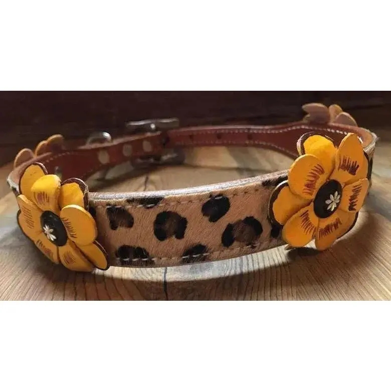 Genuine leather dog collar with a hair on cheetah, and yellow painted 3D flower accent Genuine leather dog collar with a hair on cheetah, and yellow painted 3D flower accent