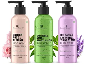 Botanic Hearth Relax & Renew Body Wash Set – British Rose, Lavender & Calendula Neem, Travel-Size 3-Pack, Gentle Cleansing Shower Gel – 4 fl oz Each