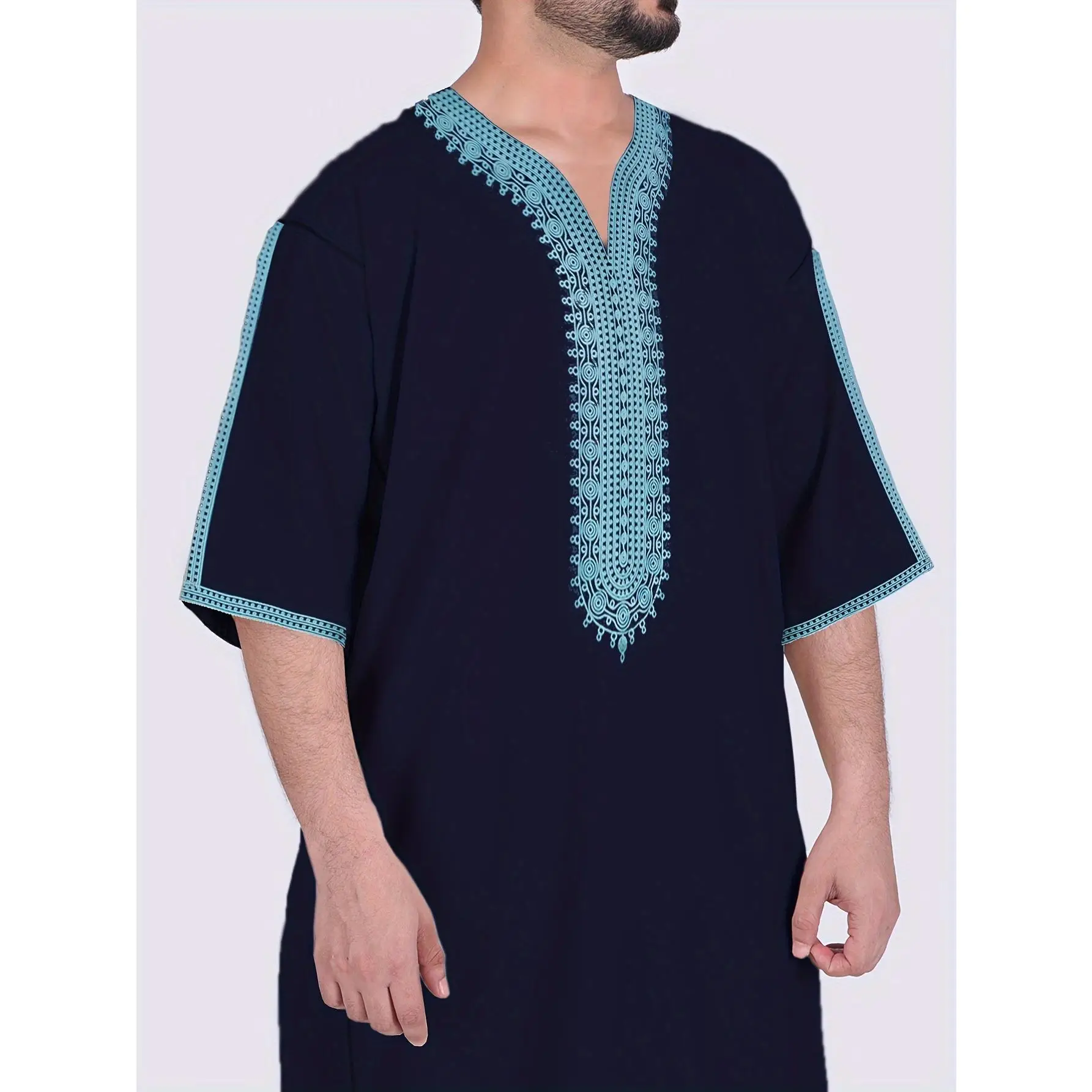 [Soft Moroccan Geometric Robe] Polyester Fabric Soft and Comfortable Robe - Moroccan Men's Geometric Pattern Embroidered Short Sleeve Robe - Suitable