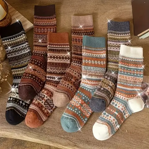7 Pairs Women's Retro Geometric Print Mid-Calf Socks Comfortable Versatile Outfit Essential
