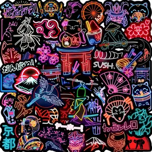 50pcs Neon Day Series Graffiti Stickers Suitable for Luggage, Mobile Phone Cases, Laptops, Helmets, Skateboards Waterproof Decoration DIY Creative Stickers