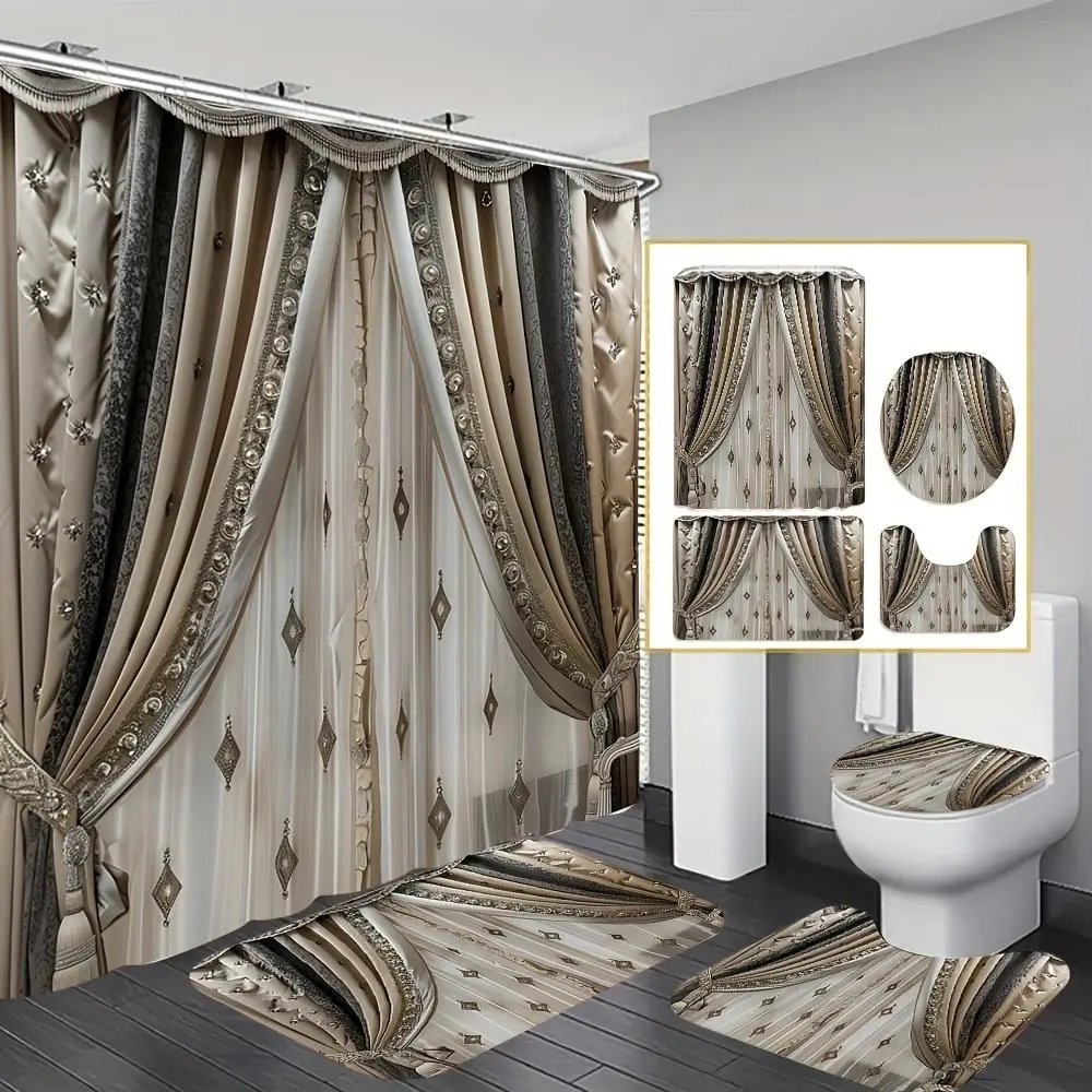 Luxury Style Bathroom Accessories (4 Counts/set), Including 1 Shower Curtain, 1 Toilet U-shape Pad, 1 Rectangular Mat, 1 Toilet Lid Cover, Elegant Bathroom Decor, Bathroom Decor Supplies, Restroom, Shower Curtain Sets