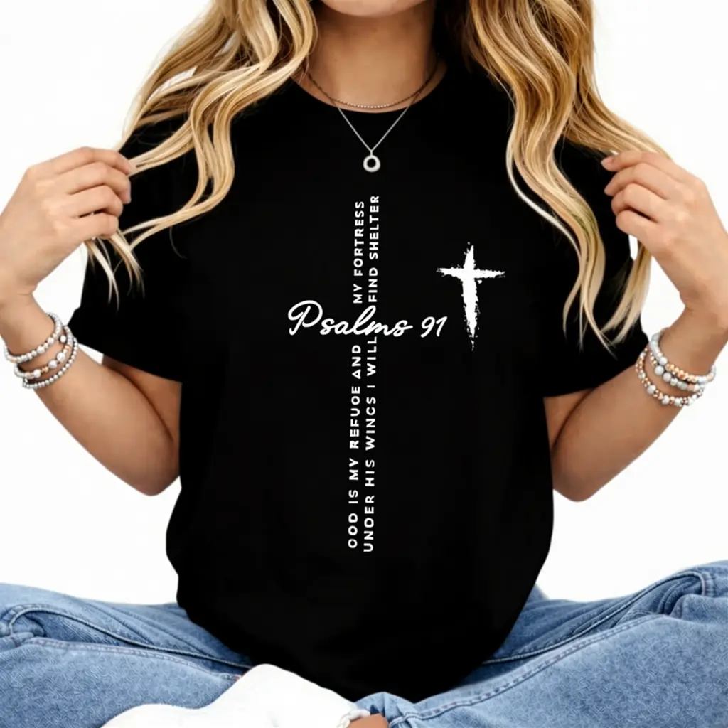 Women's Short-Sleeve Cotton Crew Neck Casual T-Shirt, Relaxed-Fitted Clothes with Digital Print Bible Verse & Cross Graphic, Christian Religious Outfit, Chic Baptism Gift summerwins