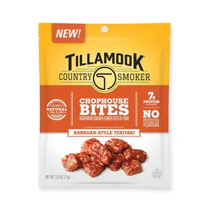 Tillamook Country Smoker Pork Jerky Snacks, Country Smoker Chophouse Bites, Hawaiian-Style Teriyaki Tender Cuts, Ready to Eat Gluten Free Protein Snack, 2.5 Oz