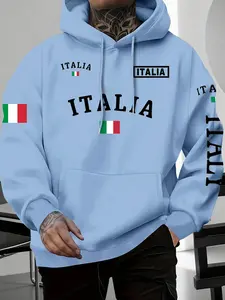 Men's Italian Flag Print Hoodie, Drawstring & Kangaroo Pocket, Comfortable Casual Fashion Pullover, Sporty Style