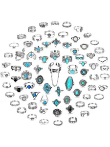 75 Pcs Vintage Turquoise Rings for Women Silver Knuckle Rings Bohemian Oval Gemstone Rings Western Rings Stackable Joint Finger Rings Midi Stacking Rings Set