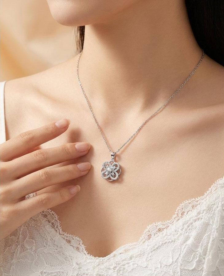 Rotatable Silver Flower CZ Pendant Necklace - Spinning Fidget Flower Necklace 25cm Chain Dainty Jewelry for Women