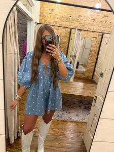 Pleated V-neck Dot Mini Romper Denim