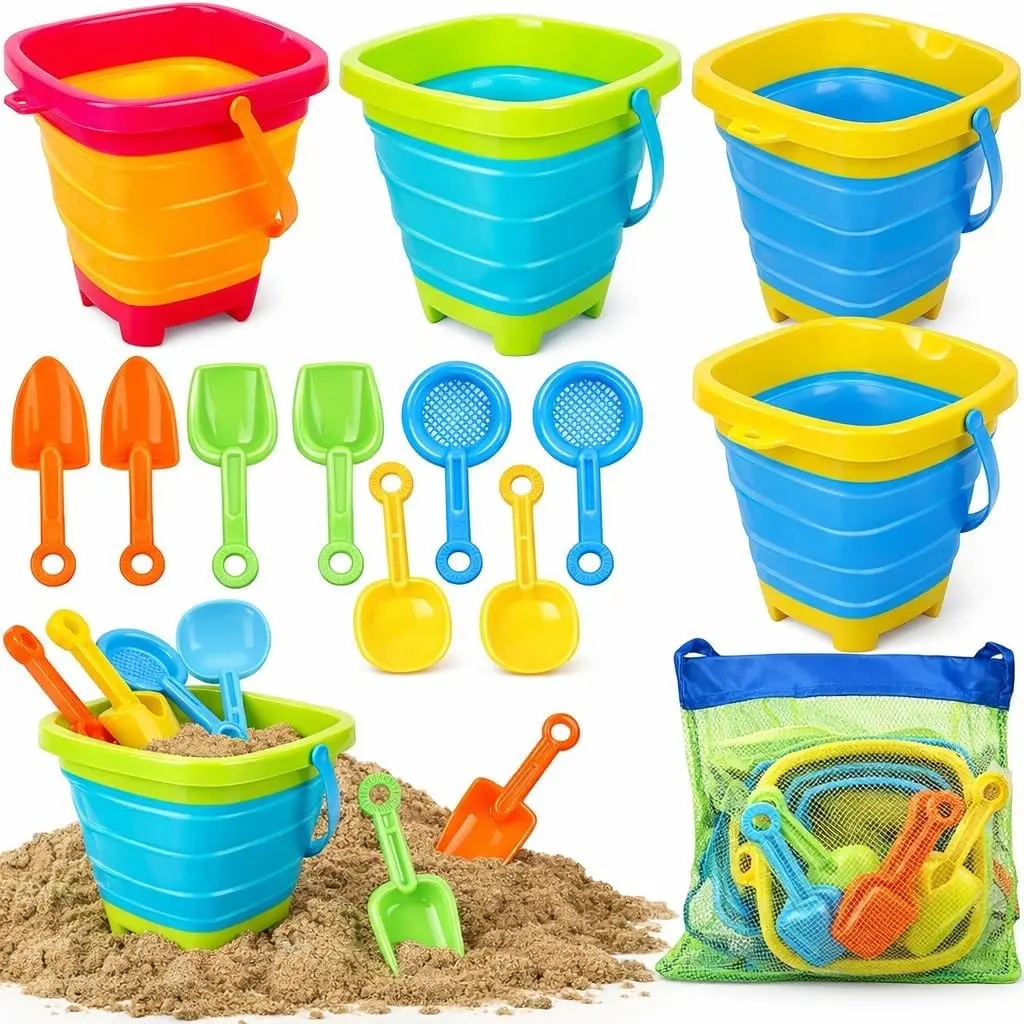 Kids' Collapsible Beach Sand Toys Set - 4 Silicone Collapsible Buckets, 8 Manual Shovels, Assorted Designs, Mesh Bag, Unisex Toddler Learning Essentials (Ages 3-8) for Indoor/Outdoor Play, Hand-Eye Coordination, No Battery Needed