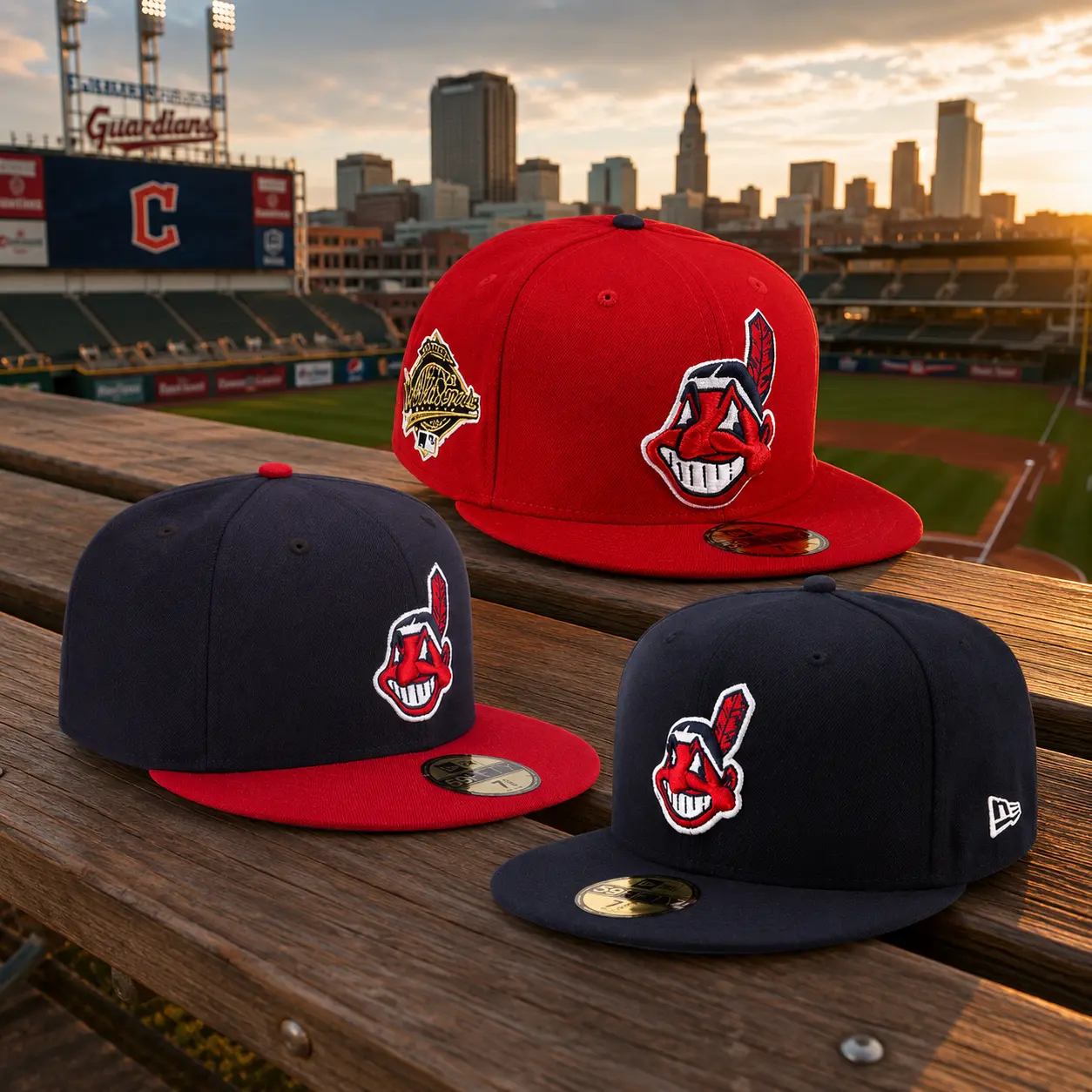 Cleveland Guardians New Era 59FIFTY Fitted Hat – Navy & Red Chief Wahoo Retro Flat Brim Cap with Side Patch, Premium Baseball Streetwear