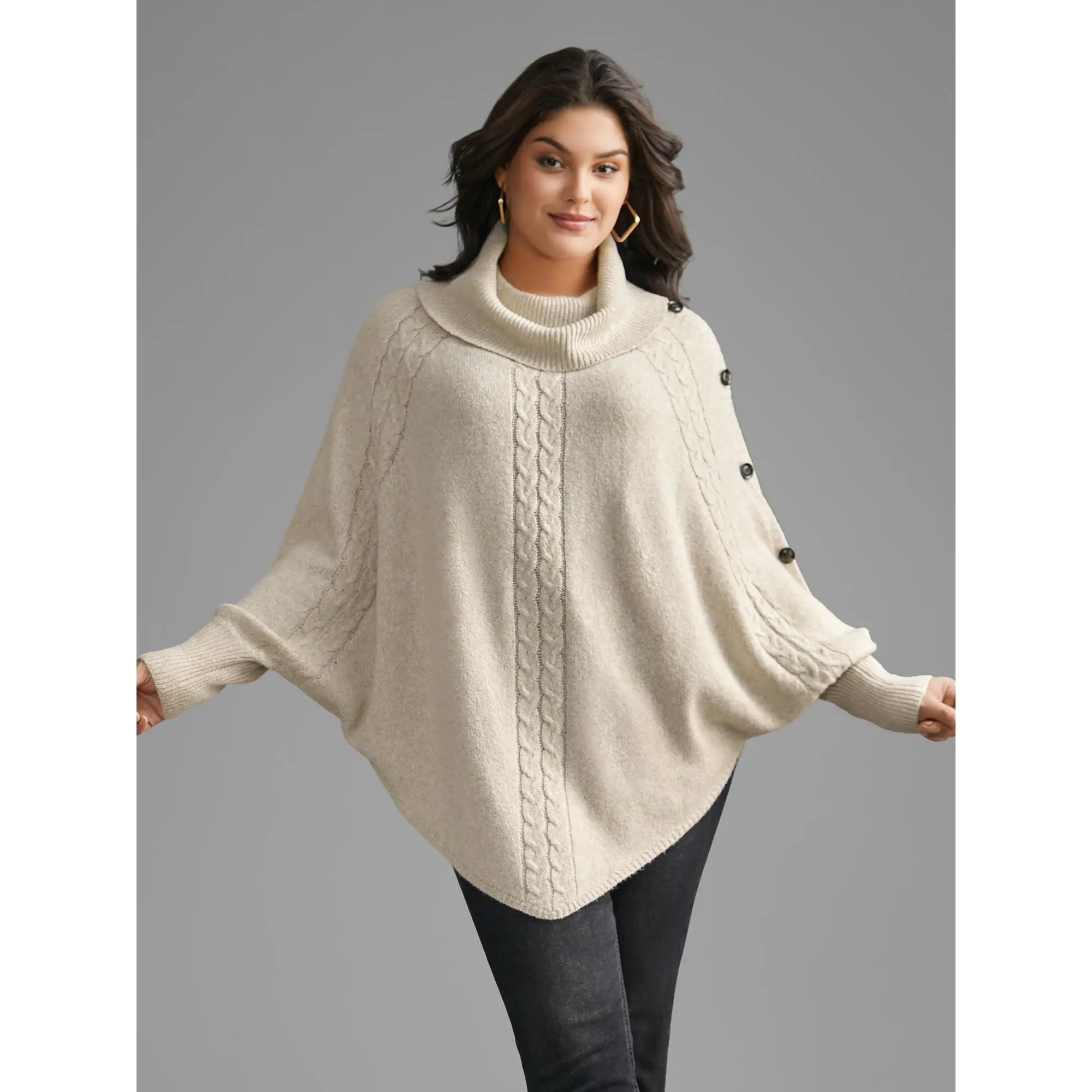 BLOOMCHIC Women's Plus Size Long Sleeve Polyester Turtleneck Cable Knit Asymmetrical Hem Pullover - Minimalist Basic Fit Knitwear for Summerfinds, Tops, Low Iron, Curvy Clothing, Hand Wash, Ruffle, Classic, Fabric, Garment, Longsleeves, Casual