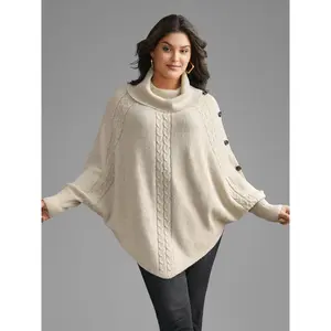 BLOOMCHIC Women's Plus Size Turtleneck Cable Knit Asymmetrical Hem Polyester Fabric Flat Garment Knitwear Pullover (M-6X, 2026 Spotlight) - Summer Deals