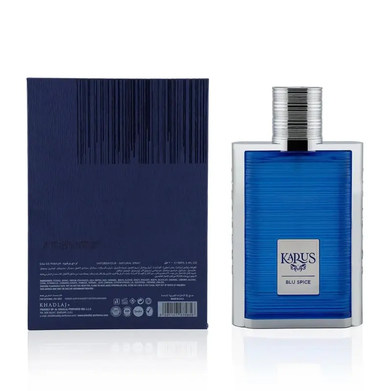 Khadlaj Perfumes Karus Blu Spice Eau de Parfum Unisex 3.4 oz – Tea, Bergamot, Amber Woody Scent