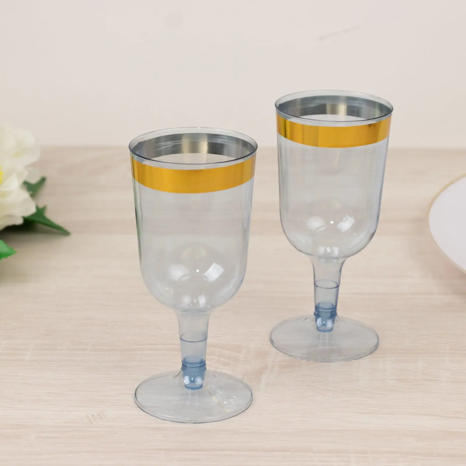 Plastic Stemless Wine Glasses Set, 12-Pack 6oz Transparent Dusty Blue-Gold Rim Disposable Cylindrical Drinking Glassware for Wedding Parties