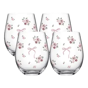 Bow&Rose Pattern Stemless Wine Glasses Set, 1/4-Pack, Wine Glass Print, 18oz/540ML Transparent Wine Cups, Ideal for Restaurants & Daily Use