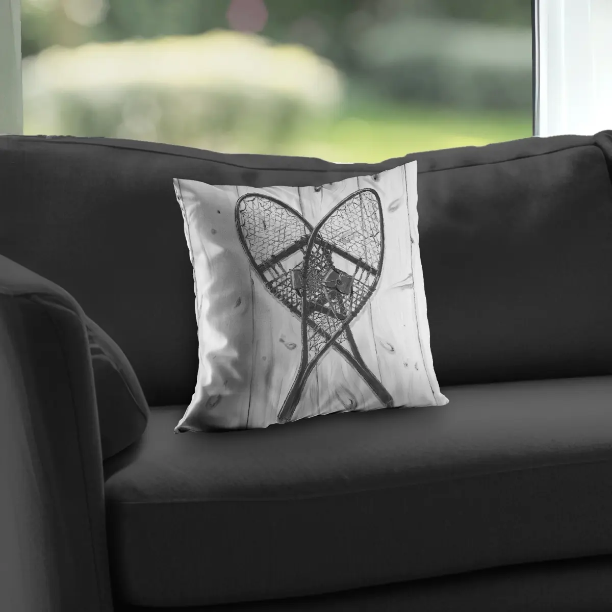Begin Home Decor C1PT1414UZWV42 14x14 in Decorative Poly Twill Throw Pillow, Vintage Monochrome Wood Snowshoes Design, Rustic Black, for Holidays, Cushions