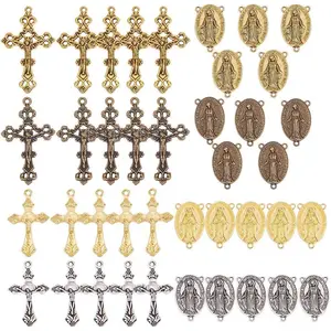 Tibetan Style Rosary Cross Charms and Center Miraculous Medal Easter Vintage Cross Crucifix Pendants Oval Chandelier Links Bronze Connector Charm for Rosary Bead Necklace Making Supplies