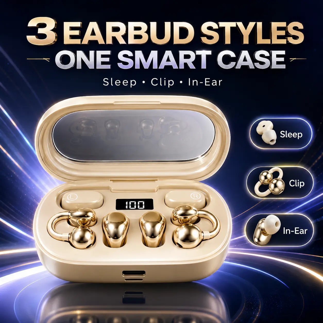 3-in-1 Chargeable Wireless Earbuds - Bluetooth 6.0 Electronic Audio Device, Clip-On Open Ear/In-Ear/Sleep Headset, Smart LED Battery Display Charging Case, Hi-Fi Stereo, ENC Distinct Calls, Lightweight for Running, Gym