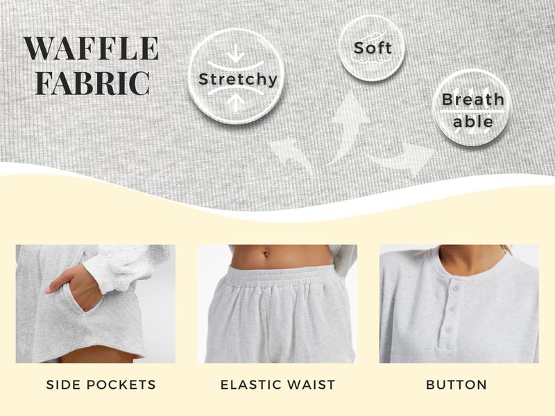 AnotherChill Women's Oversized Waffle Knit Lounge Set – Long Sleeve Henley Sweatshirt and High Waisted Shorts 2 Piece Casual Outfit