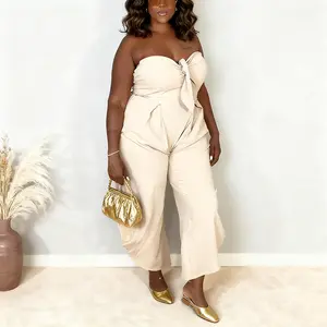 Echoine Strapless Tube Top Jumpsuit Women's Backless Smocked Waist Harem Pants One Piece Overalls with Side Pockets Fashionable Summer Beach Wear Solid Color