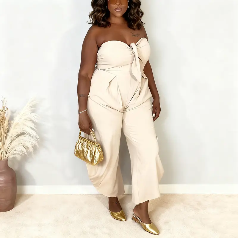 Echoine Strapless Tube Top Jumpsuit Women's Backless Smocked Waist Harem Pants One Piece Overalls with Side Pockets Fashionable Summer Beach Wear Solid Color