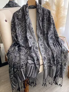 Elegant Boho Floral Pashmina Scarf, Long Fringe Shawl, Woven Fabric, All Seasons Wear, Moderate Thickness, Stylish Women's Accessory, Paisley Print Scarf, Fashion Shawl