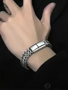 Stainless Steel Men's Braided Chain Bracelet, Fashionable Square Links with Magnet Buckle Closure Fashion Hip Hop Bracelet, Simple Domineering Punk High-end Bracelet