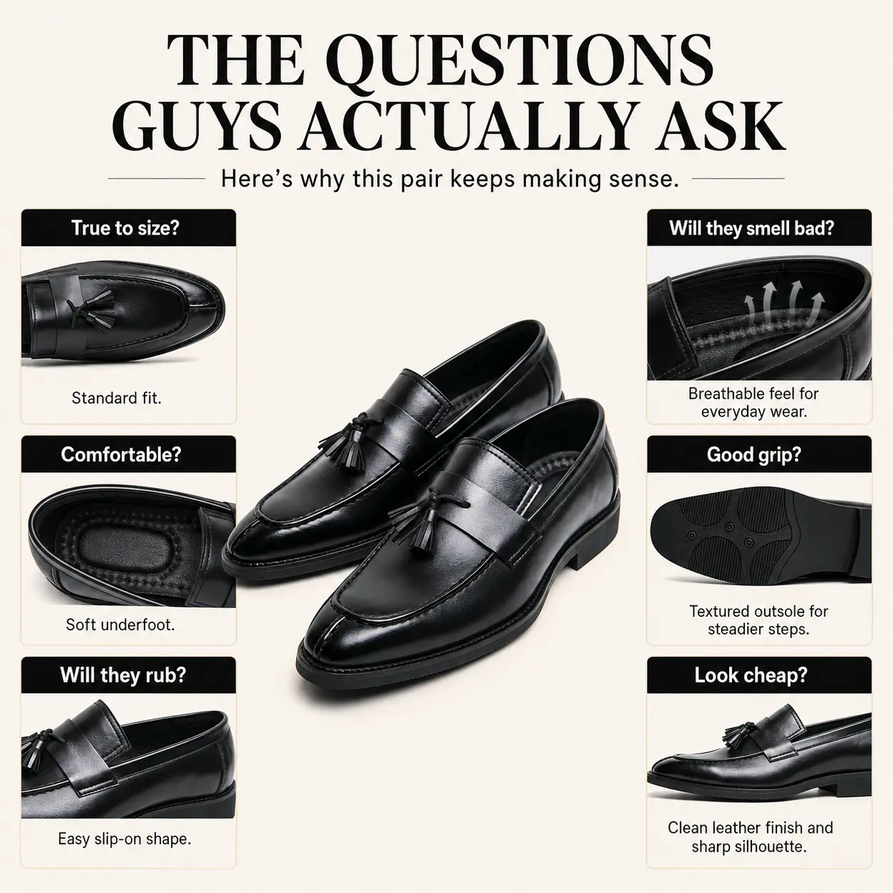 Men's Classic Leather Tassel Loafers - Soft, Breathable Slip-On Formal Shoes with Rubber Sole for Business, Wedding, Comfortable Men's Footwear