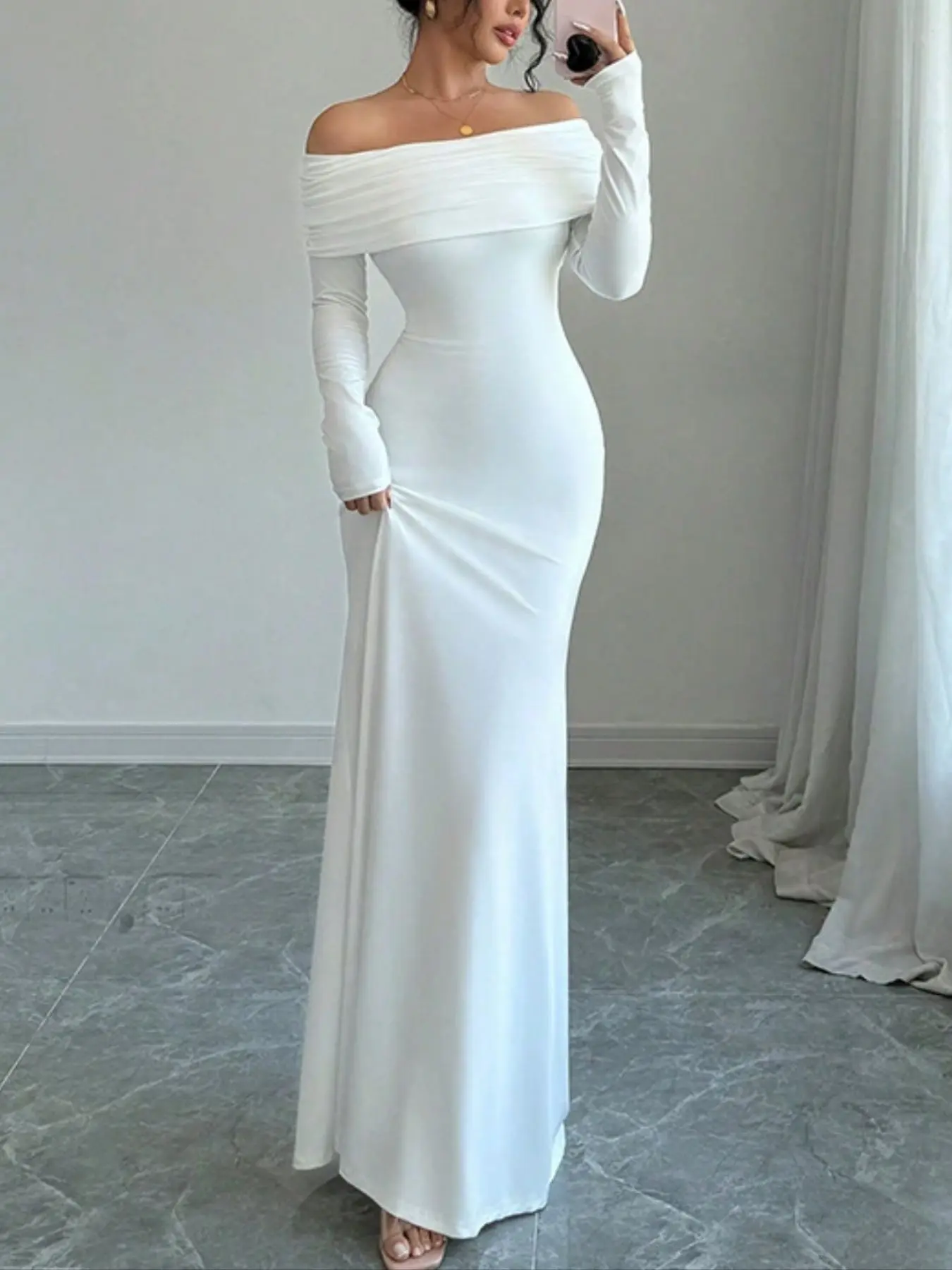Off-Shoulder Long Sleeve Bodycon Maxi Dress - TikTok Shop