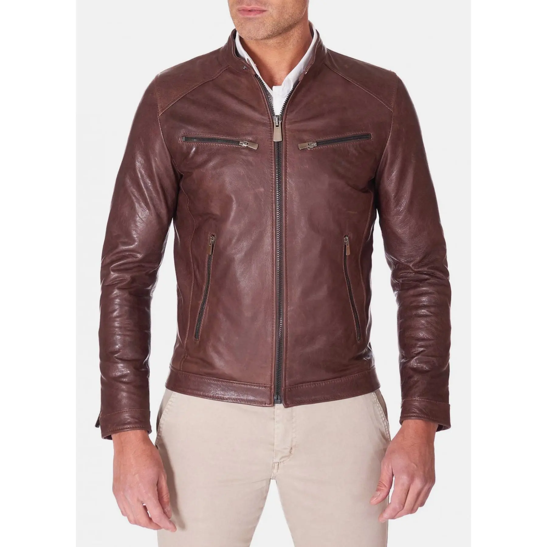 Mens Casual Style Brown Biker Leather Jacket