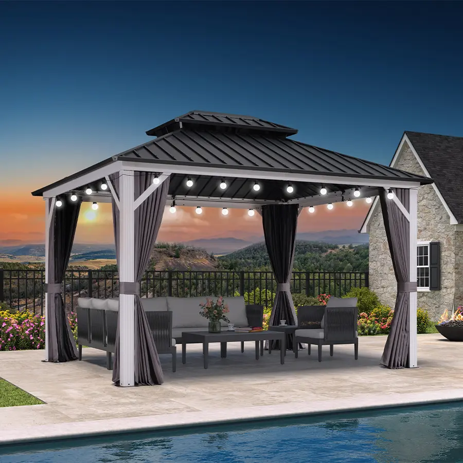 PURPLE LEAF Modern Patio Gazebo, Grey Hardtop Galvanized Steel Double Roof, White Aluminum Poles with Curtains, Netting & Milky Lights - Weatherproof Backyard Gear (Requires Setup)