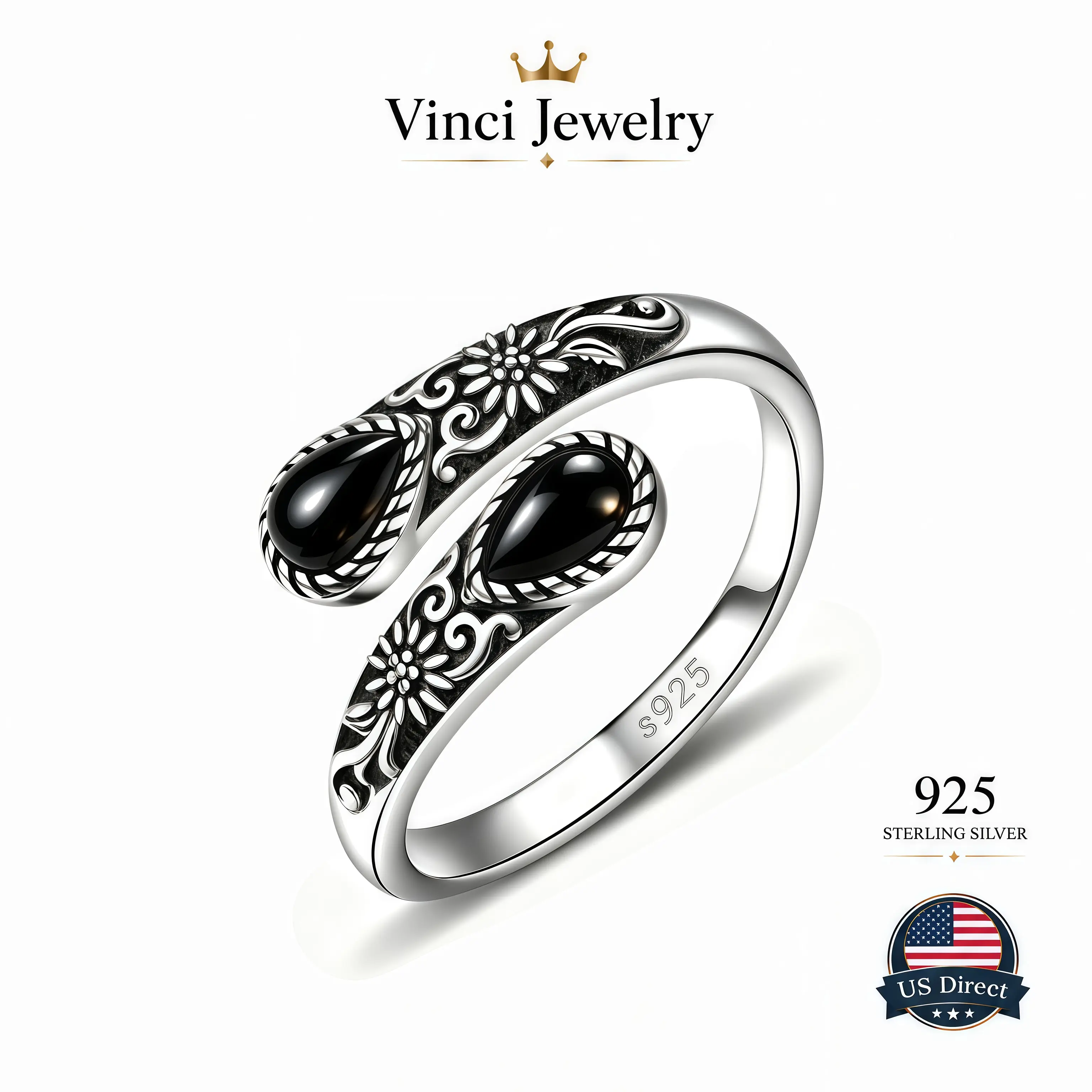 925 sterling silver Vintage Floral Carved Black Onyx Open Wrap Ring for Women Bohemian Western Statement Ring with Teardrop Black Stone & Retro Engraved Flower Scroll Pattern Adjustable Comfort Fit Band Boho Jewelry for Daily Wear Date Night Vacation