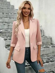A pink short-sleeve fitted notched lapel blazer for women with transparent sleeves, belonging to a chic casual fashion style. It is elegantly mature yet soft and feminine, suitable for everyday casual outings and light office commutes.