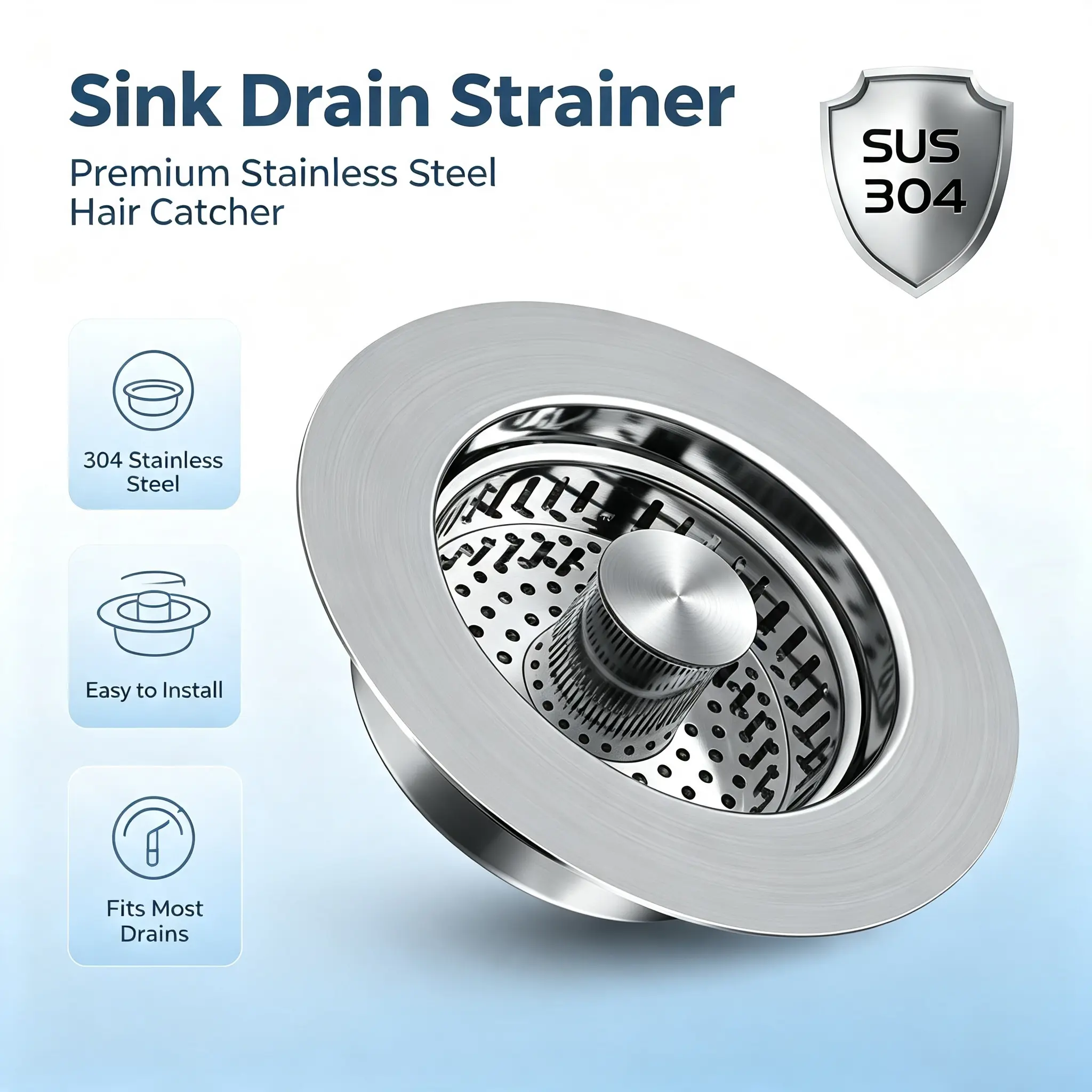 Premium Upgraded 3-in-1 Stainless Steel Kitchen Sink Strainer-Stopper, Anti-Clog Food Catcher Basket for US Standard 3.5 in Drains