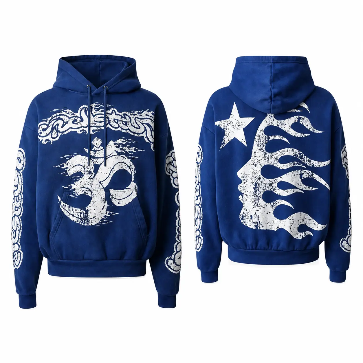 HellStar Flame Star Graphic Hoodie, Distressed Tribal Skull Pullover Sweatshirt, Y2K Grunge Streetwear Hoodie
