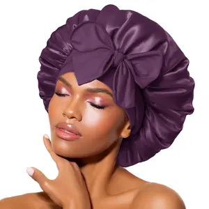 Satin  Cool Breathable Single Layer Silk  for Sleeping Women Hair  Night Sleep Cap Scarf Wrap for Curly Hair with Tie Band Prune